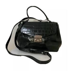 VTG Dark Green Croc Embossed Genuine Leather Shoulder Hand Bag Made In Italy